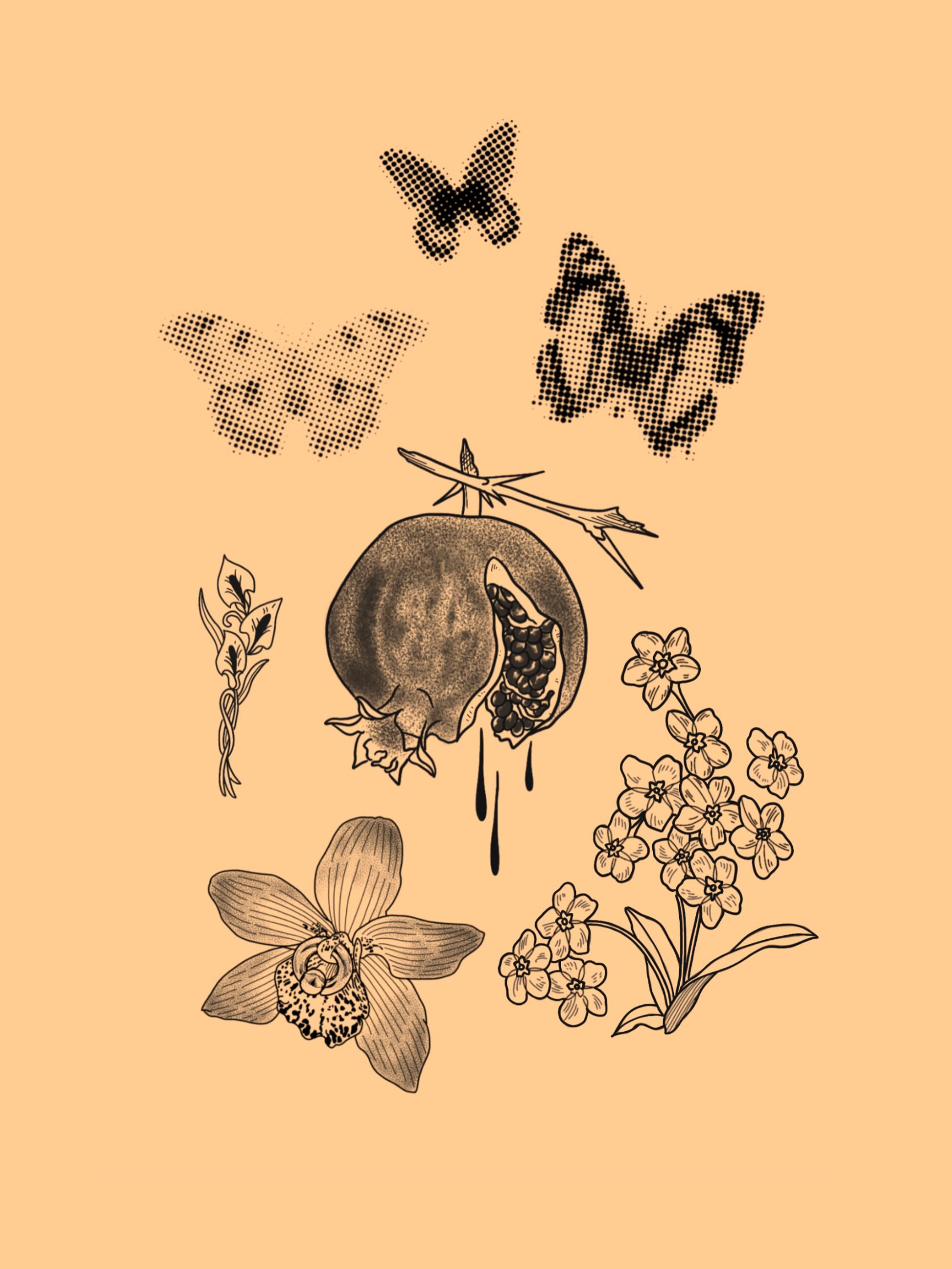 Flash sheet on peach: butterflies, a pomegranate, an orchid and blossoms
