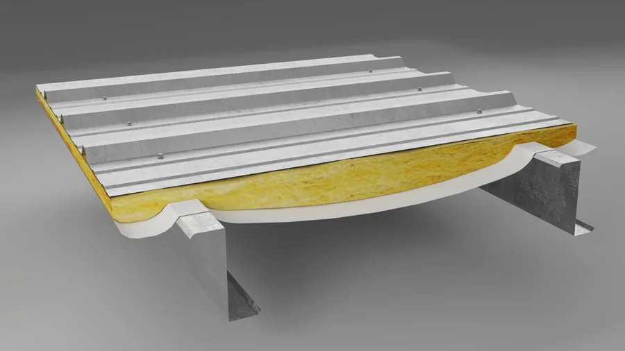 Cutaway drawing of an insulation blanket laid over a steel purlin and compressed beneath the roof panel