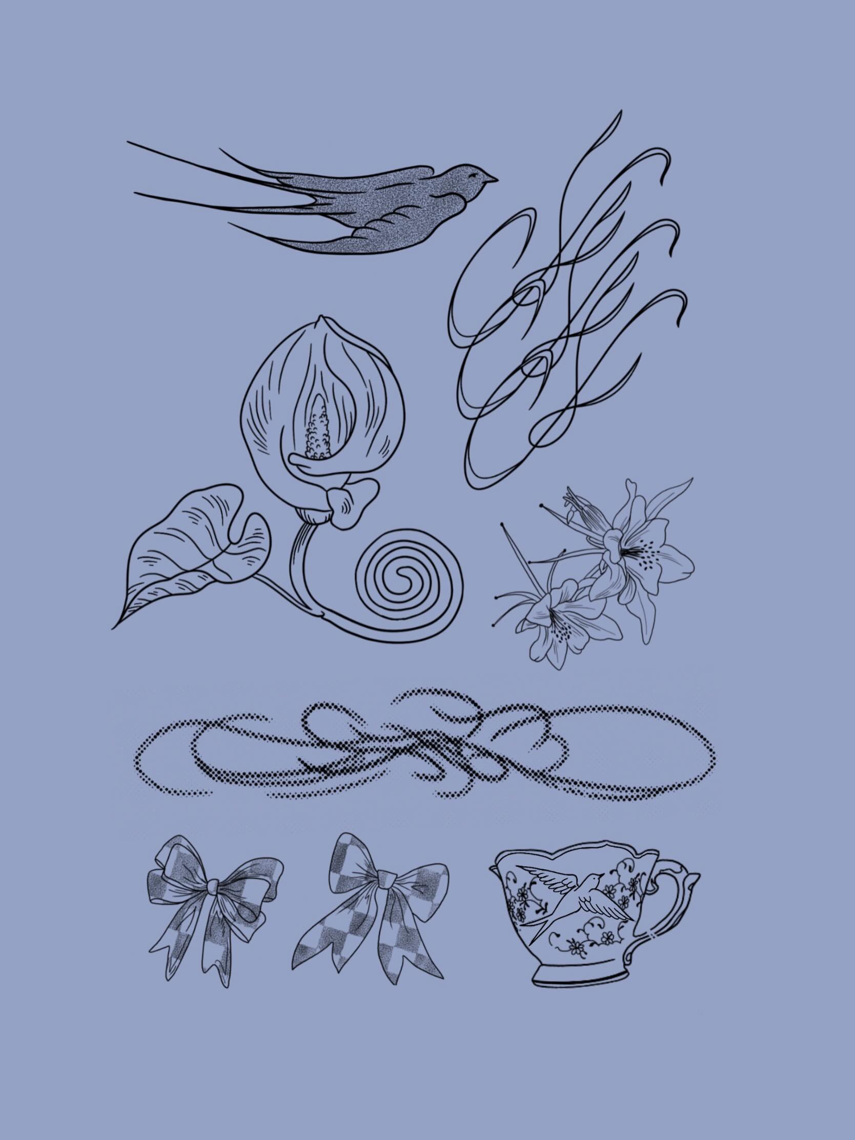 Flash sheet on blue: a swallow, a spiral shell, ribbon flourishes, two bows and a teacup in fine line